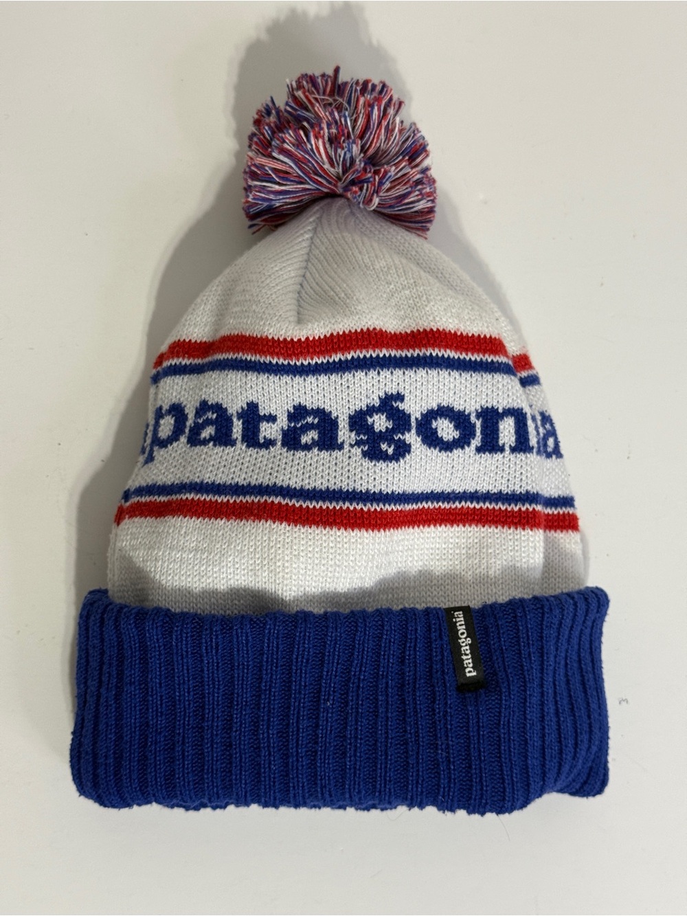 Patagonia Powder Town Beanie Retro Park Stripe Blue Red White Knit Pom Pom Hat